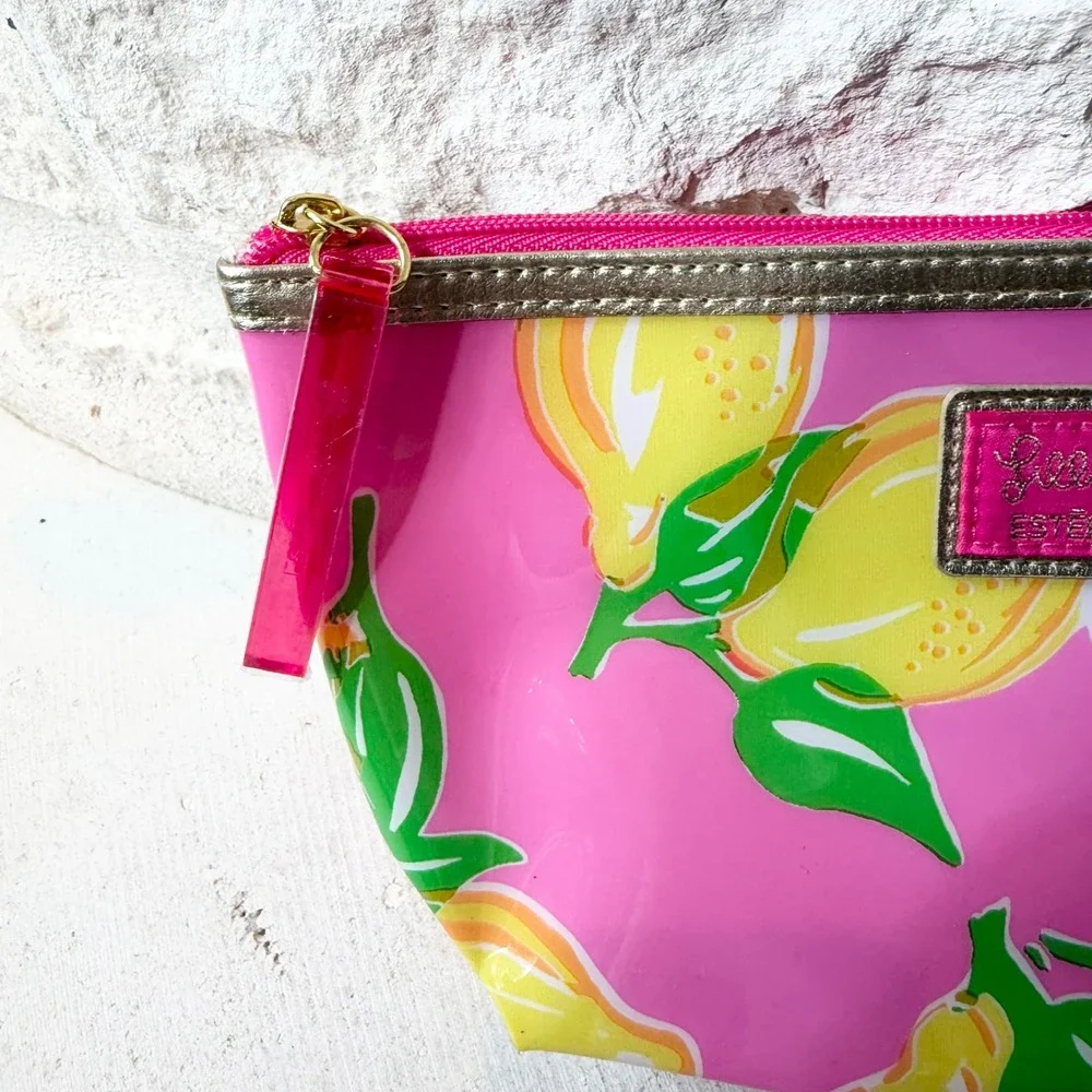 Lilly Pulitzer for Estee Lauder Pink Lemon Print Vinyl Cosmetic Makeup Bag Pouch